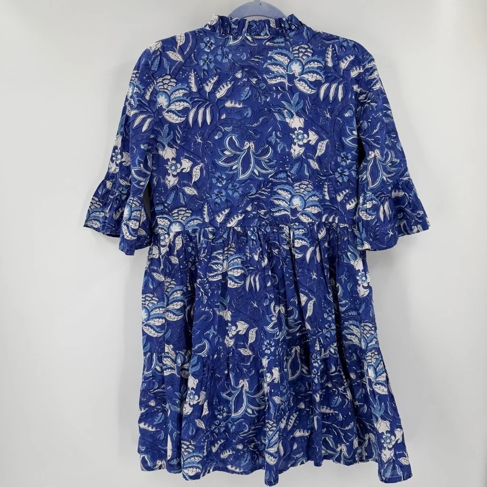 Jude Connally Blue Print Cotton Tierred Boho Dress Small